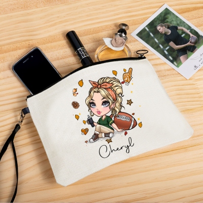 Personalized Fashion Rugby Girl Cosmetic Bag with Name, Portable Linen Makeup Bag with Wrist Strap & Zipper, Birthday/Christmas Gift for Girl/Woman