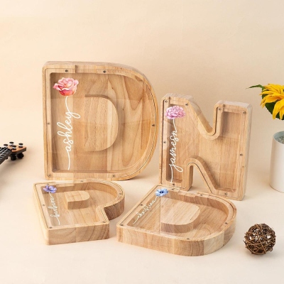 Personalized Name Letter Piggy Bank with Birth Flower, Kids Wooden Money Box, Custom Initial Coin Bank, Birthday Gift, Xmas Gift for Child/Baby