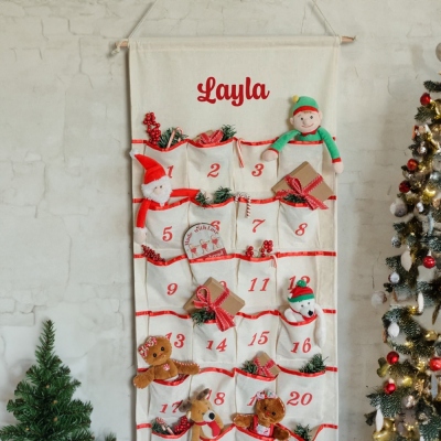 Personalized Name Christmas Advent Calendar with Pockets, Wall Hanging Bag Xmas Countdown Advent Calendar, Home Decor, Christmas Gift for Family/Kids