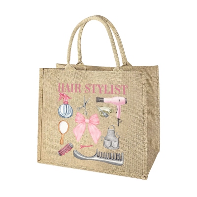 Custom Name Coquette Bow Hairstylist Burlap Tote Bag, Large Capacity Jute Handbag, Hair Salon Favor, Gift for Hairdressers/Hairstylists/Cosmetologists