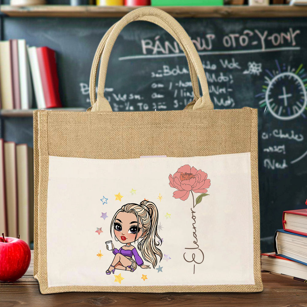 Personalized Fashion Girl Jute Bag with Birth Flower & Name, Large Capacity Burlap Tote Bag, Shopping Bag, Birthday/Christmas Gift for Women/Girls
