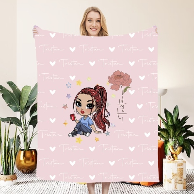 Personalized Fashion Girl Blanket with Birth Flower, Custom Name Cartoon Blanket, Home Decoration, Birthday/Christmas Gift for Women/Girls