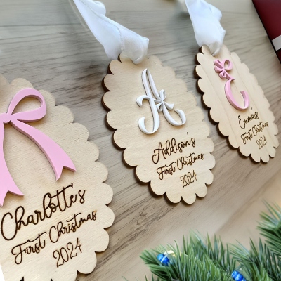 Personalized Name Coquette Bow Baby Girl’s First Christmas Ornament, Wooden Holiday Tree Hanging Decor, Xmas Keepsake 2024, Christmas Gift for Babies