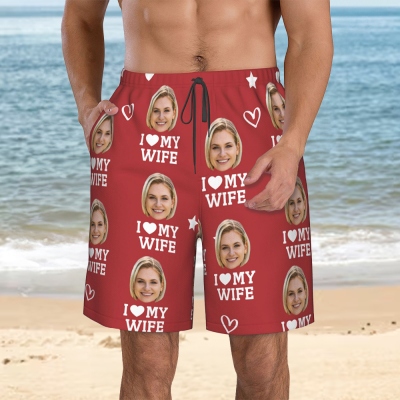 Custom Face Photo Beach Shorts, Men's Swim Trunk with Drawstring, Quick Dry Heart Swimwear, Birthday/Father's Day/Valentine's Day Gift for Him/Dad/Boys