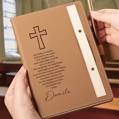 Personalized Name Cross Lord's Prayer Design Notebook with Wooden Pen, PU Leather Cover Journal for Bible Study, Christmas Gift for Christian/Family