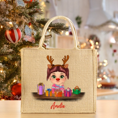 Personalized Christmas Cartoon Kid Jute Bag, Burlap Christmas Gift Bag with Name, Christmas Party Favor, Christmas Gift for Boy/Girl/Grandkid