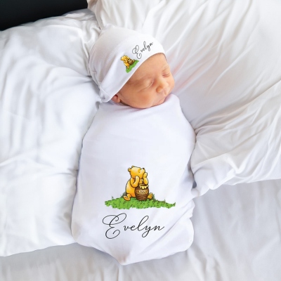 Personalized Bear Baby Swaddle Blanket, Soft Sleep Sack with Name, Baby Essentials Must Haves Stuff, Baby Shower/Birthday Gift for New Parents/Newborn