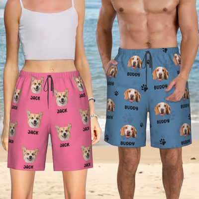 Custom Photo Pet Face Beach Shorts, Swim Shorts with Drawstring, Quick Dry Unisex Swimwear for Women/Men, Birthday/Christmas Gift for Pet Mom/Dad