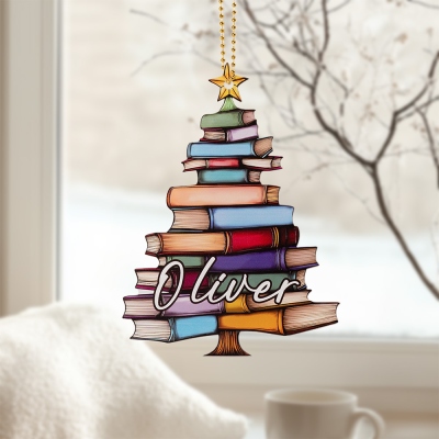 Personalized Name Book Tree Suncatcher Christmas Ornament, Acrylic Bookshelf Xmas Decor, Book Club Gift for Book Lovers/Librarians/Bookworm/Book Nerd