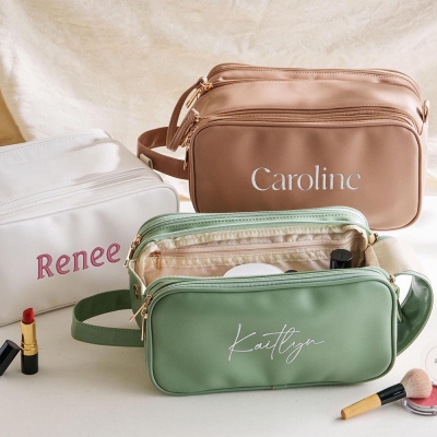 Personalized Embroidered Name Bag, Custom Leather Toiletry Bags, Large Capacity Cosmetic Bag, Makeup Organizer with Multiple Compartments, Christmas/Bridesmaid Gift for Her