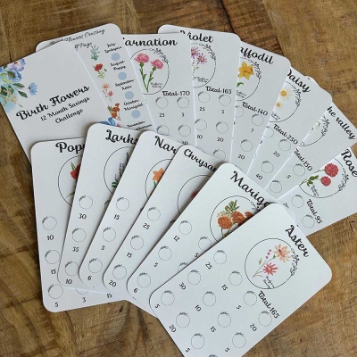 Personalized Birth Flower Name 12 Month Savings Challenge Bundle, A6 Size Cash Challenge Planner, Budget Goals for Cash Stuffing