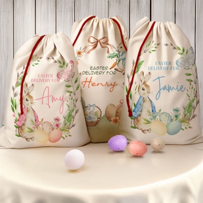 Personalized Easter Bunny Basket with Name, Custom Bunny Easter Sack with Drawstring, Easter Egg Hunts, Easter Party Gift for Boys/Girls/Children