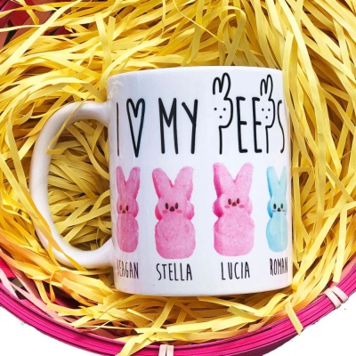 Personalized Easter Mug with 1-6 Names and Bunnies, 11oz Ceramic Coffee Cup, Easter Party Favors, Easter/Birthday Gift for Women/Girls/Family