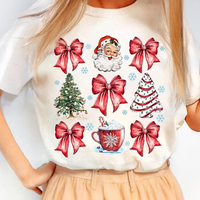 Coquette Christmas Bow Sweatshirt, Christmas Tree & Santa Hoodies, Retro Holiday T-Shirt, Winter Outfit Xmas Shirt, Christmas Gifts for Women/Girls