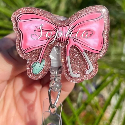 Personalized Name Stethoscope Pink Bow Badge Reel, Coquette Bow Badge Reel, Gift for Nurse Medical Student Healthcare Worker