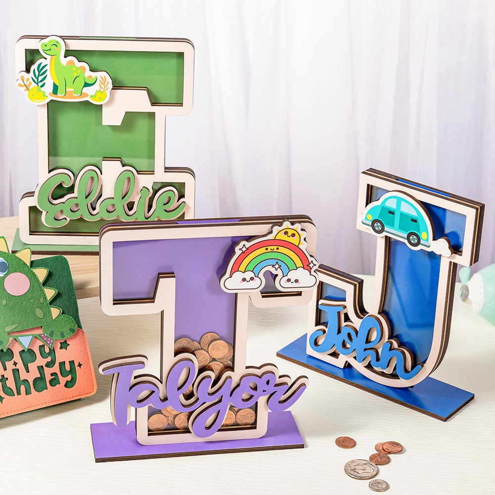 Personalized Name Wooden Letter Money Bank, Letter Clear Window Coin Bank Money Box, Kids' Room Decor, Birthday/Christmas/Children's Day Gift for Kids