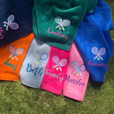 Personalized Embroidered Name Tennis Pattern Towel, Multicolor Cotton Towel, Sport Accessory, Birthday/Christmas Gift for Tennis Lover/Player/Team