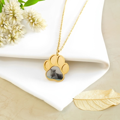 Personalized Pet Photo Paw Print Necklace, Custom Engraved Dog/Cat Paw Print Portrait Necklace, Pet Memorial Jewelry, Gift for Pet Lovers/Owners