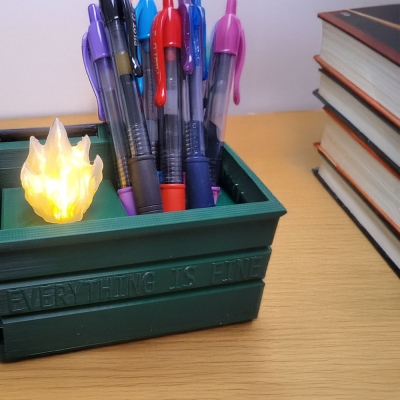 Personalized 3D Printed Flickering LED Dumpster Fire Pen Holder, Pen Organizer with Removable Flame Light, Office Desktop Decor, Gift for Coworkers