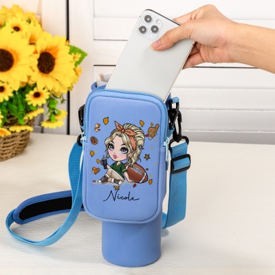 Personalized Cartoon Rugby Girl Water Bottle Carrier Bag with Name, 40oz Tumbler Holder Pouch with Strap, Birthday Gifts for Women/Girls/Her