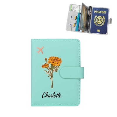 Custom Name Birth Flower Leather Passport Holder, RFID Passport Protective Cover with Multiple Card Slots & Pen Holder, Gift for Women/Travel Lovers