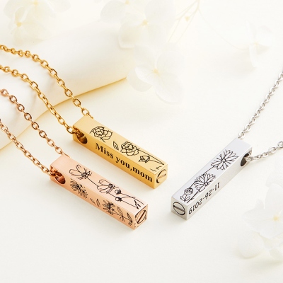 Gepersonaliseerde geboorte bloem gegraveerde urn bar ketting, aangepaste crematie urn ketting voor as, herdenkingssieraden, sympathie cadeau voor familie/vriend/haar