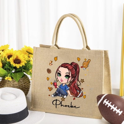 Personalized Cartoon Rugby Girl Jute Bag with Name, Large Capacity Burlap Tote Bag, Travel Accessory, Birthday/Christmas Gifts for Women/Girls/Her