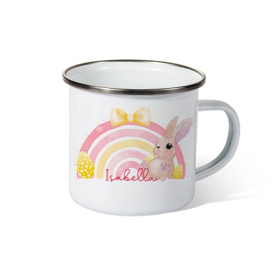 Custom Name Child's Easter Bunny Enamel Mug, 11oz Shatterproof Cup with Handle, Tin Camping Mug, Easter Party Favor, Easter Gift for Kids/Boys/Girls