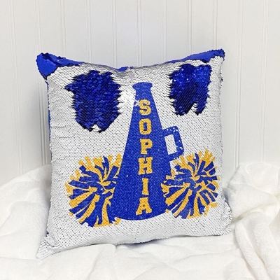 Custom Name Cheerleader Glitter Sequin Throw Pillow Cover, Reversible Sequin Pompoms Pillowcase with Optional Core, Cheerleading Gift for Women/Girls