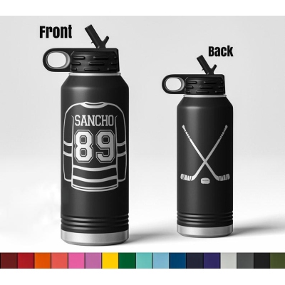 32oz Hockey Player Sports Bottle, Custom Laser Engraved Double Wall Water Bottle No Spill, Team Parent Coach Jersey Gift