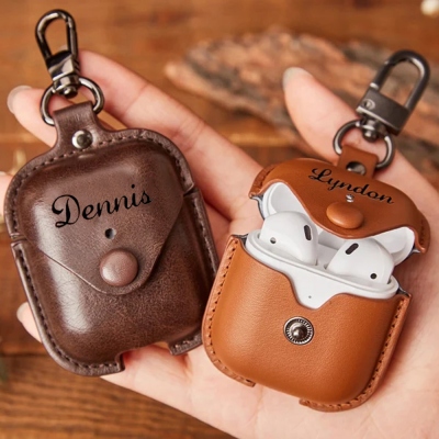 Custom Name Leather Earphones Case Cover, Earbuds Protective Cover with Keychain, Compatible with AirPods 1st 2nd 3rd Generation Pro, Gift for Men