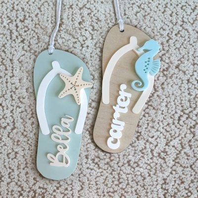 Personalized Name Flip Flop Shape Basket Tag, Custom Ocean Life Design Bag Charms, Bag Accessories, Birthday/Holiday Gift for Kids/Family/Friends