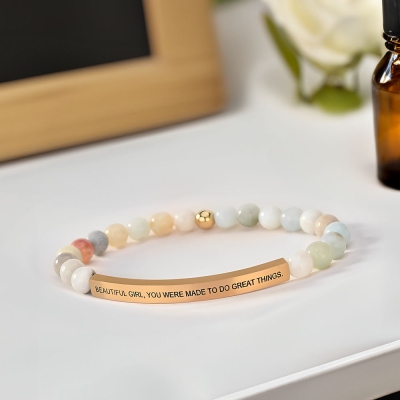 Custom Engraved Bar Beaded Bracelet, Uplifting Quote Stretch Bracelet with Beads, Birthday/Mother's Day/Anniversary Gift for Her/Mom/Couple/Friends