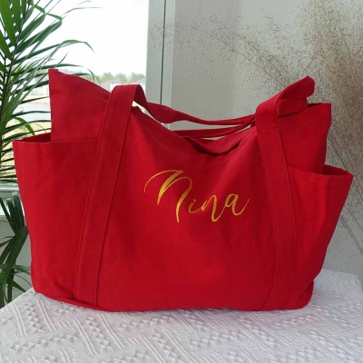 Personalized Name Extra Large Canvas Tote Bag, Beach Tote Bag, Cute Embroidered Bag with Zipper, Valentine's Day Gift for Women/Men