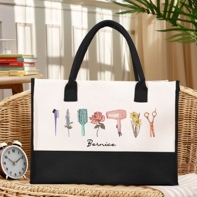 Custom Name Birth Flowers Hairdressing Tools Tote Bag, Large Capacity Canvas Handbag, Salon Favor, Gift for Hairdresser/Hairstylist/Cosmetologist