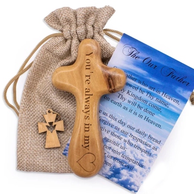 Personalized Olive Wood Comfort Cross, Hand-Held Palm Praying Cross, Prayer Cross from the Holy Land, Custom Holding Pocket Cross