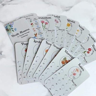 Lot de cartes de défi d'épargne sur 12 mois avec nom personnalisé et fleur de naissance, cartes de planificateur d'objectifs budgétaires de remplissage d'argent au format A6, cadeau pour la famille/les amis