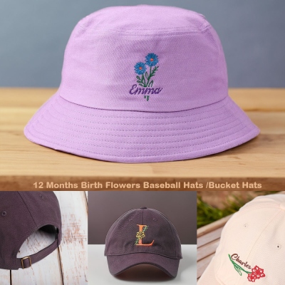 Personalized Colorful Birth Flower Embroidered Baseball Hat/Bucket Hat, Custom Initial or Name Floral Wash Cotton Cap, Unique Birthday Gift for Women