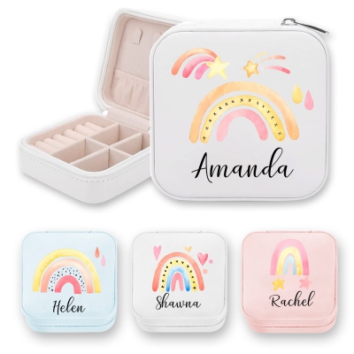 Custom Name Watercolor Rainbow Jewelry Box, PU Leather Travel Jewelry Case, Birthday/Christmas/Anniversary/Wedding for Her/Mom/Grandma/Bridesmaids