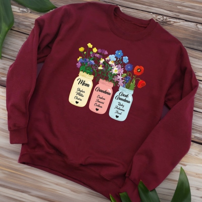 Personalized Children Name Flower Jar Sweatshirt, Mom Grandma Great Grandma Long Sleeve Tee/Sweatshirt/Hoodie, Family Party Favor, Gift for Family