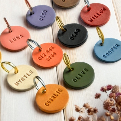 Personalized Stamped Leather Pet Name Tag, Custom Name & Number Dog Cat ID Collar Tag, Multicolor Bag Charm, Backpack Accessory, Gift for Pet Owners