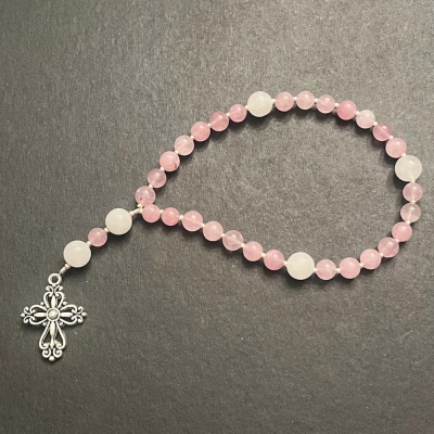 Pink Opal (October Birthstone) & White Jade Protestant Prayer Beads, Episcopal, Methodist, Anglican Rosary