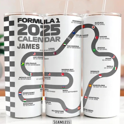 Personalized Name 2025 Formula 1 Calendar 20oz Skinny Tumbler, Racing Cars Tumbler, Birthday/Christmas Gift for Her/Him