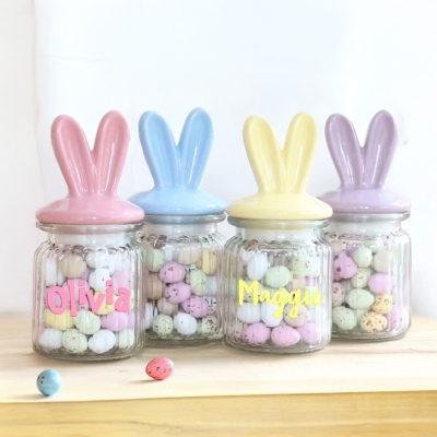 Custom Easter Glass Jar with Bunny Ears Lid, Cute Rabbit Candy Sugar Glass Storage Jar, Coffee Containers, Tiered Tray Decor, Easter Gift for Kids