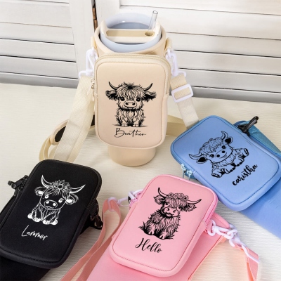 Custom Name Highland Cow Water Bottle Carrier Bag with Pouch, Cup Holder Pouch with Strap, Compatible with 40oz Tumbler, Gift for Cow Lovers/Women