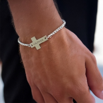 Personalized Cross Bracelet with Engraved Name, Men's Stainless Steel Bracelet, Religious Jewelry, Birthday/Baptism/Christmas Gift for Him/Dad/Husband