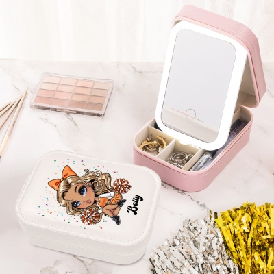 Personalized Cheerleading Girl Makeup Mirror Box with LED Lights, Travel Portable Waterproof Leather Jewelry Storage Box, Gift for Cheerleading Girls