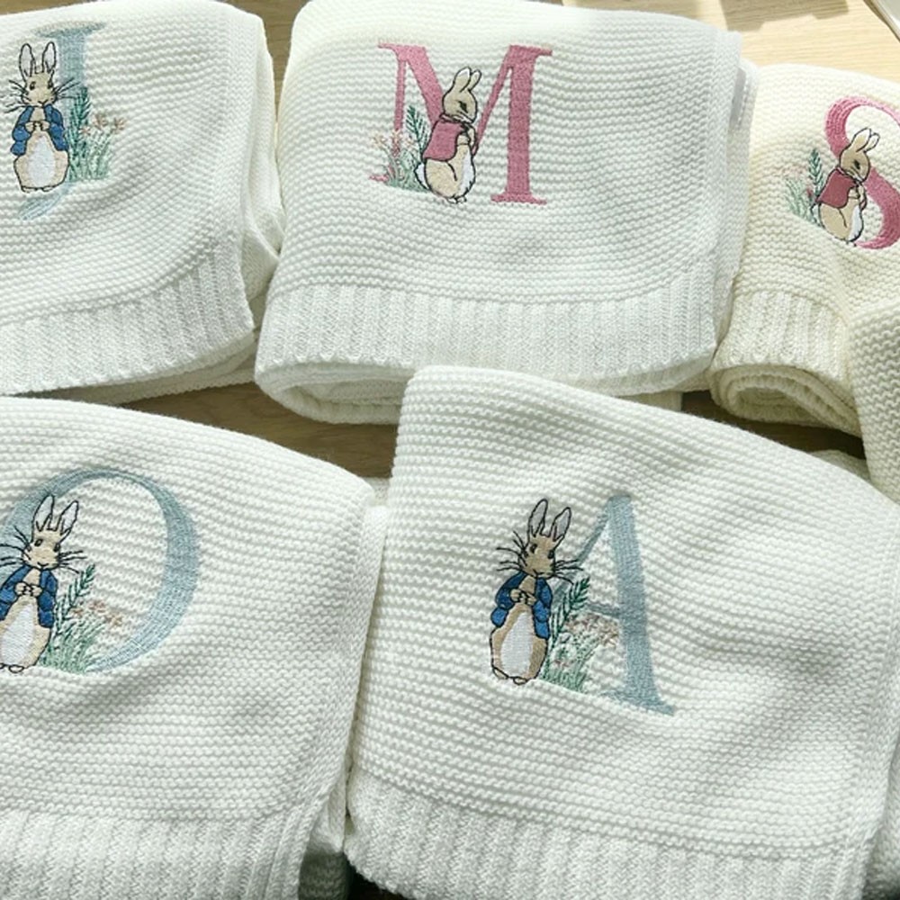 Personalized Knit Baby Blanket, Hospital Newborn Baby Shower Gift, Easter Blanket, Easter Basket, Peter Rabbit Nursery, Bunny Monogram