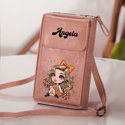 Customized Cheerleading Girl Mobile Phone Wallet with Name, Retro Leather Crossbody Bag with Adjustable Strap, Gift for Cheerleaders/Cheerleading Fans