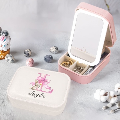 Personalized Pink Bow Initial Bunny Makeup Box with Name, Multi-functional Jewelry Makeup Box with Three-Color LED Light Mirror, Easter Gift for Women